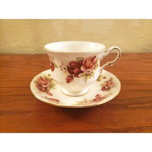 Tea Cup Roses with Saucer Red Pink England Queen Anne Vintage Bone China